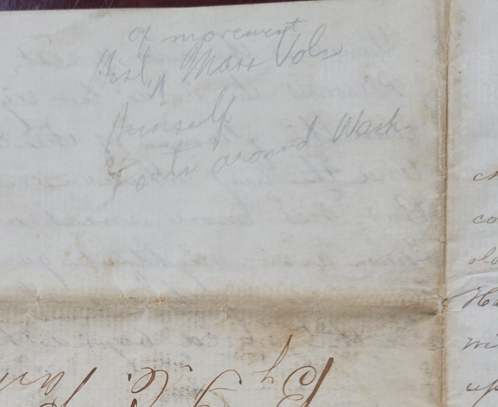 Here is an example of a note likely left by a seller on an original Civil War letter. It has the keywords "Hist of movement Mass Vols, Himself, Forts around Wash." Now, to me, I feel like a lengthy letter entitled "Memoirs of a Soldier" (titled by the author) likely includes the soldier talking about "himself." Why someone felt the need to write that on the letter (or any of the other content for that matter) is beyond me. This information is not very useful, and it does not need to be written on the document. This bare bones notation could easily have been written on a slip of archival paper and kept with the letter.