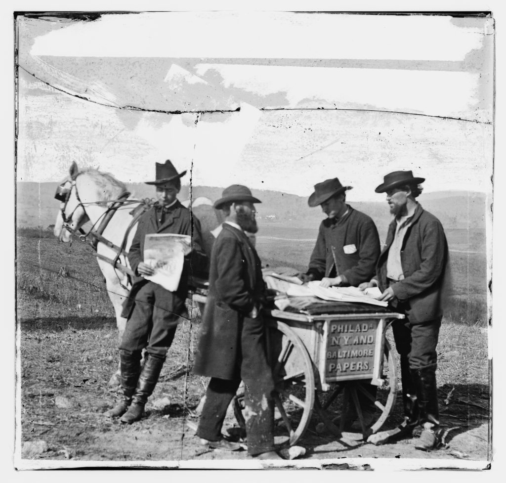 Civil War era Newspaper Vender and cart at Culpeper, Virginia in 1863.