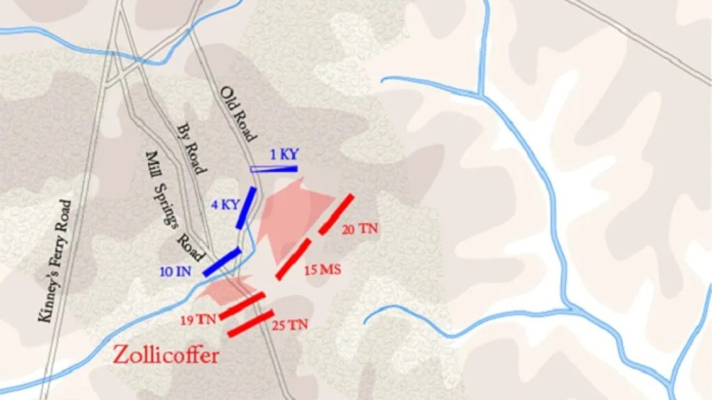 Map showing regimental positions during the battle of Mill Springs, Kentucky on January 19, 1862. Visit https://www.battlefields.org/learn/articles/kentucky-chaos for more information on the battle.