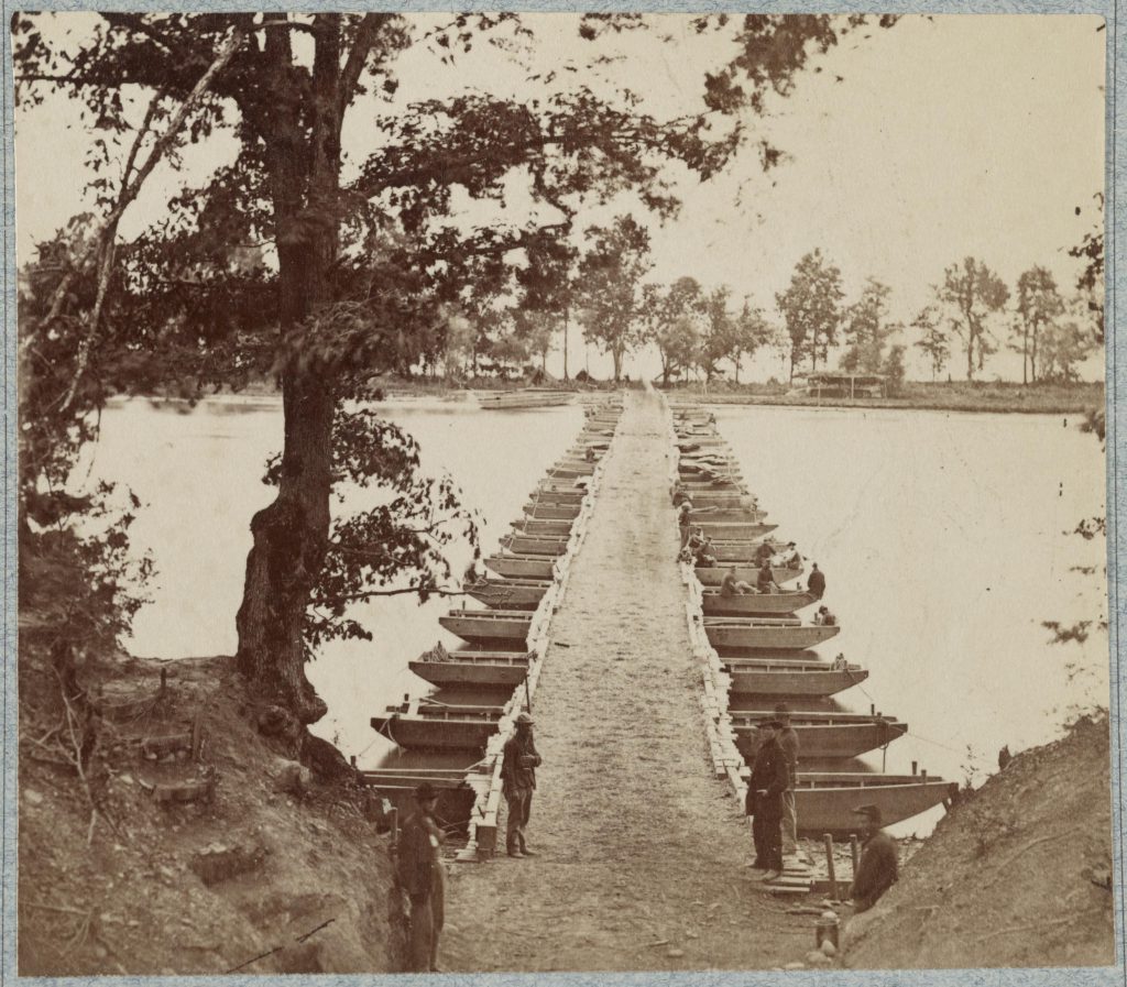 Pontoon bridges across James River at Deep Bottom and Varina, Virginia.