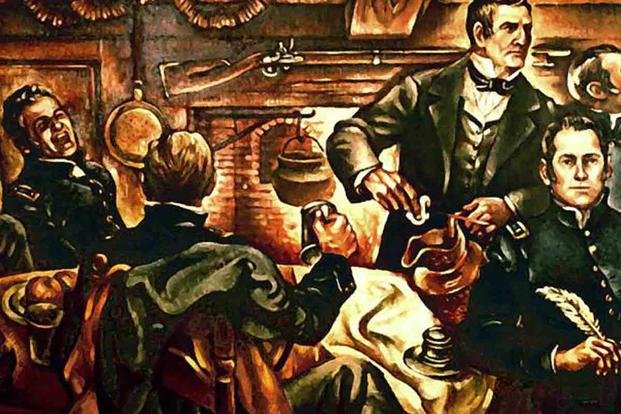 This painting depicts a rather subdued version of events of the West Point Eggnog Riot.