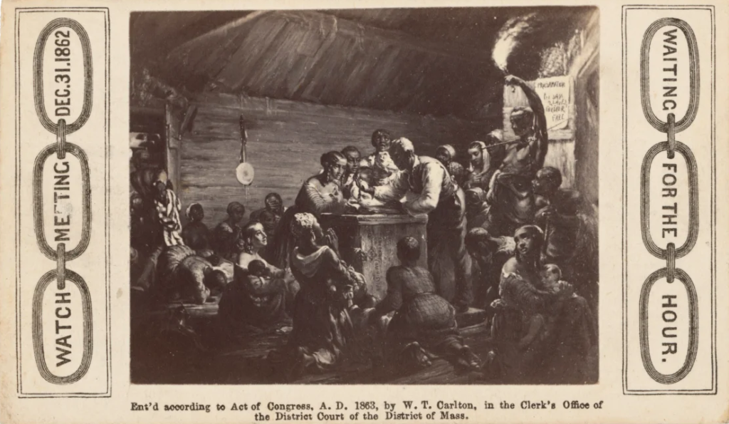 Waiting for the HourCarte-de-visite of an emancipation watch night meeting 1863 Collection of the Smithsonian National Museum of African American History and Culture
