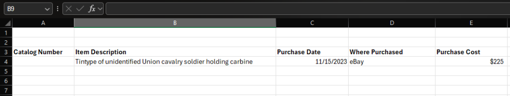 Here is a very simplistic catalog record using Excel. While it does track some information, as you can see, it is very limited.