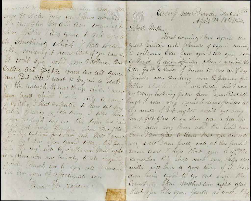 Example of a letter from Thomas Capern, Company E, 4th New Jersey Infantry, sent to his mother, Mary.