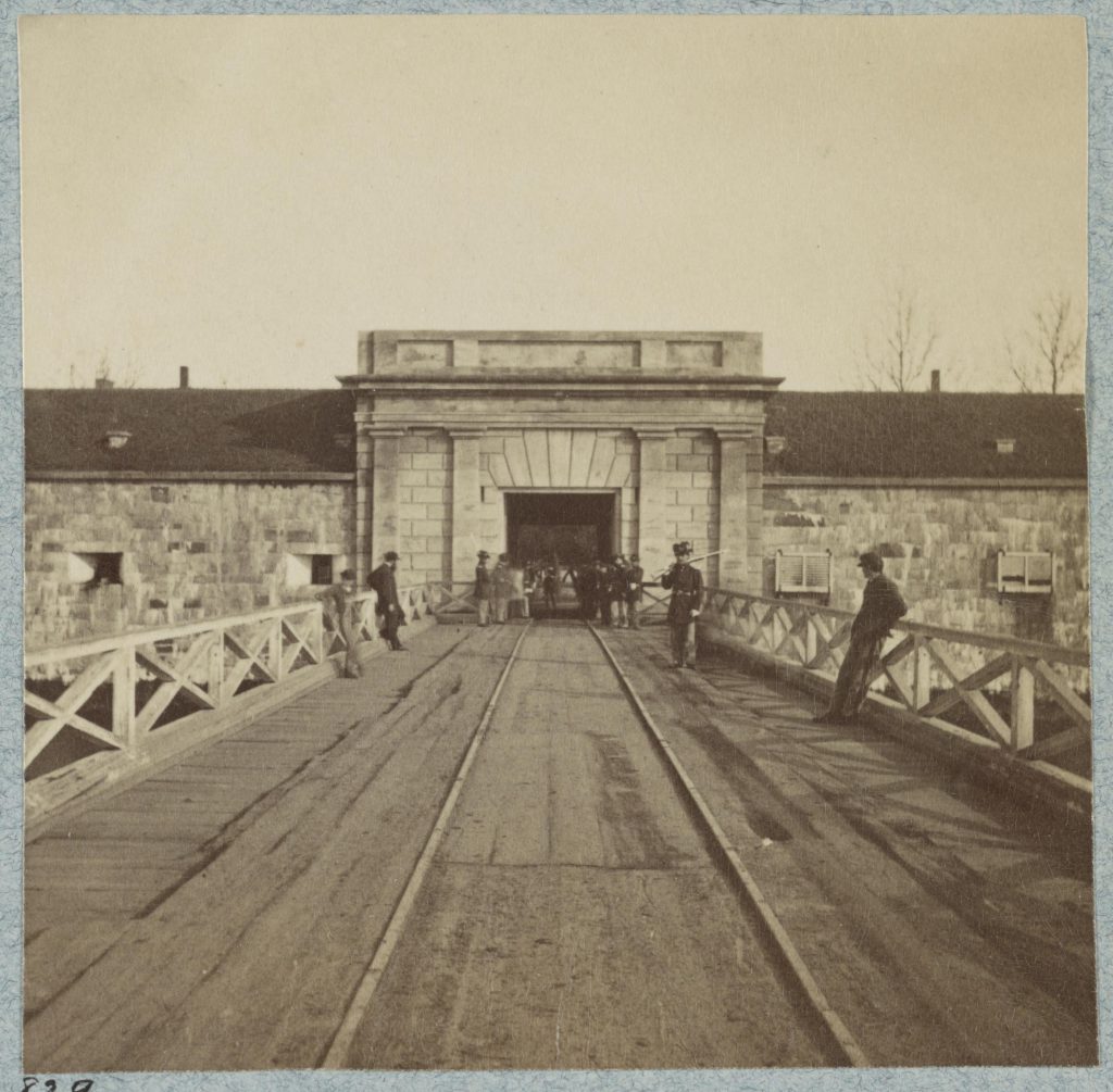 Photograph shows Union guards among a group of men at the entrance to Fortress Monroe where one of Thomas Griffith’s first letters was datelined.