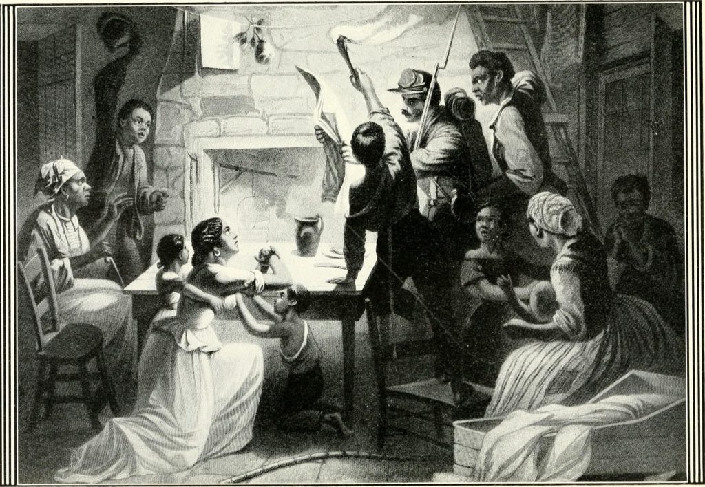 An Army Soldier reads the Emancipation Proclamation to a group of formerly enslaved persons. This print accompanied a pamphlet published by Lucius Stebbins detailing the Emancipation Proclamation in 1864. Library of Congress
