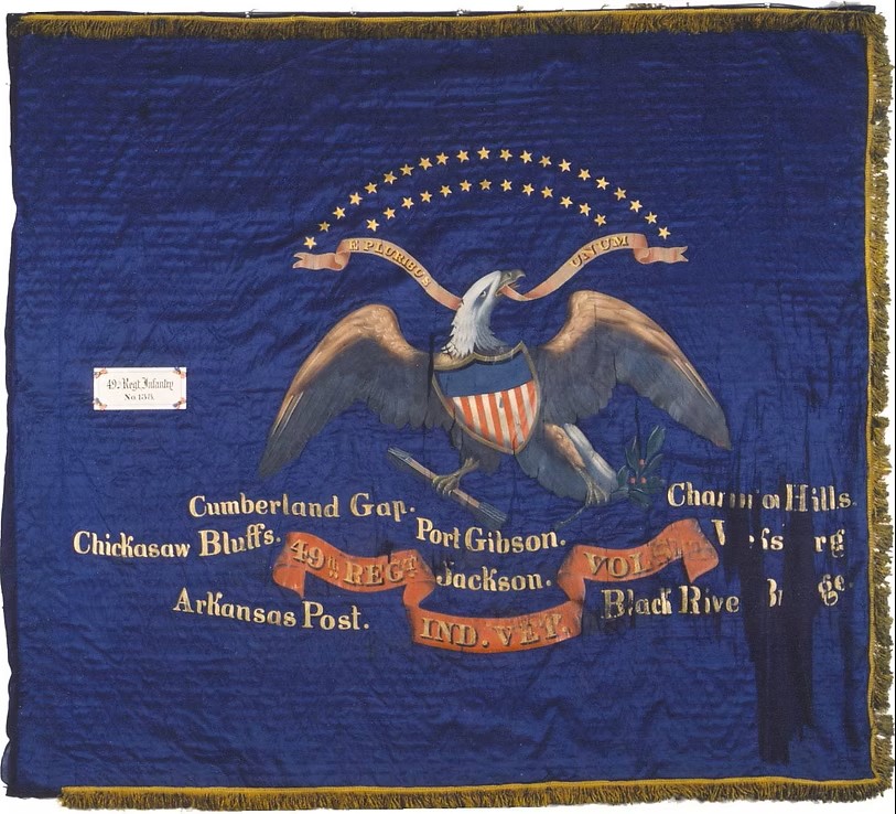 Regimental flag of the 49th Indiana Infantry. Flag in the collection of the Indiana War Memorial Commission.
