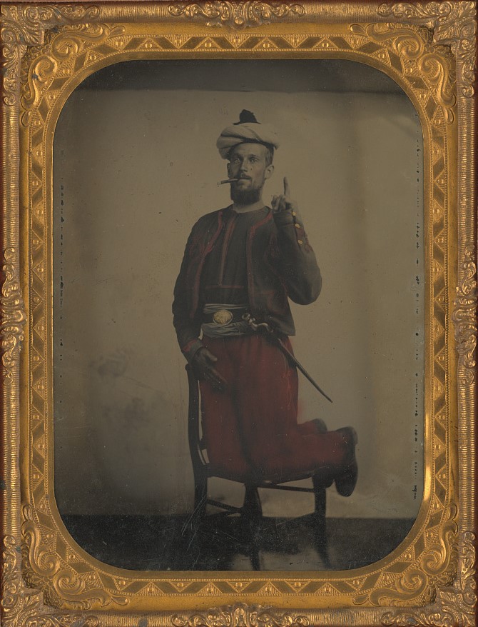 Photograph of an unidentified soldier (not Alfred McClay) of the 114th Pennsylvania Infantry which shows the regiment’s distinctive uniform.